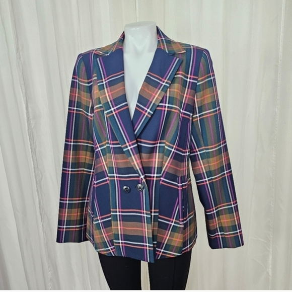 Trina Turk Ryka Pleated Suit Jacket Multicolor Plaid Size 10